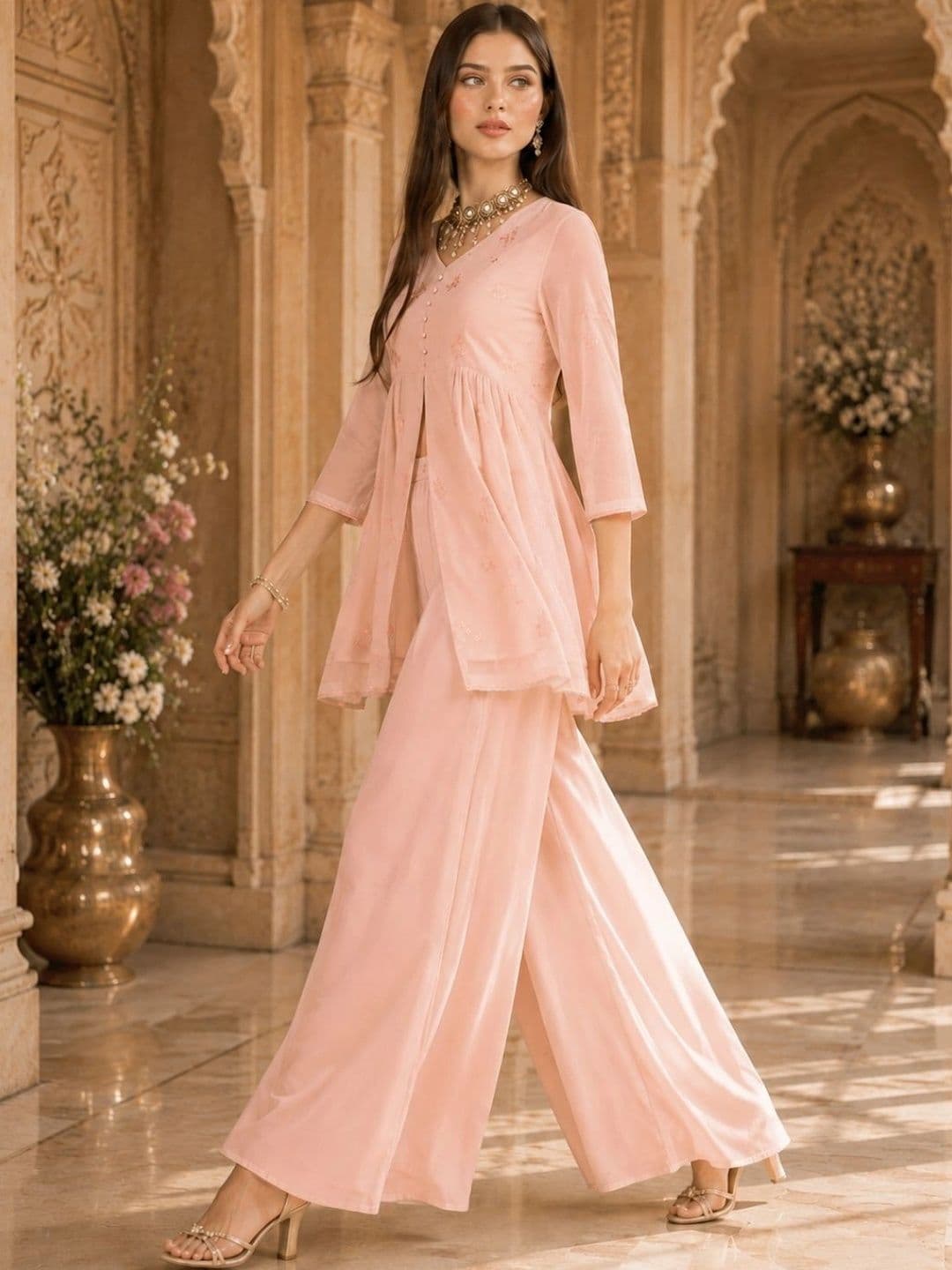 indo street Women Ethnic Motifs Embroidered Empire Thread Work Kurta with Palazzos thumbnail 3