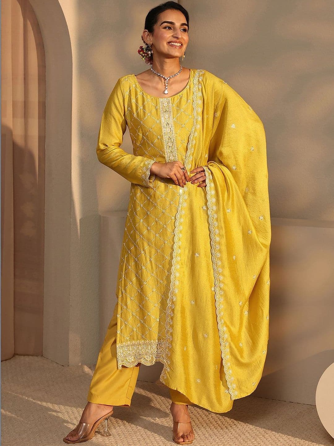 Libas Women Ethnic Motifs Embroidered Regular Thread Work Kurta with Trousers & With Dupatta - view 1