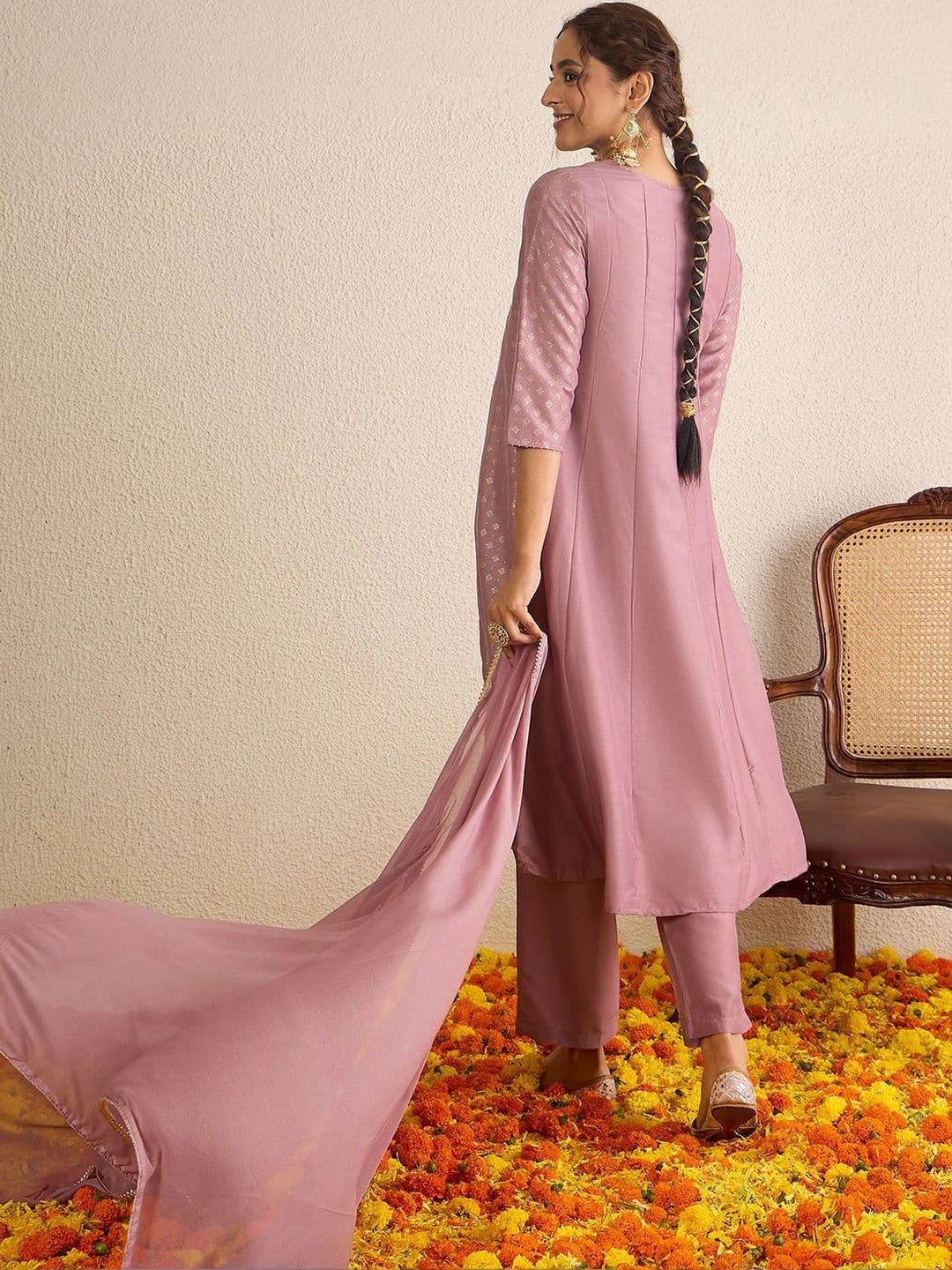Janasya Ethnic Motifs Printed Panelled Thread Work Muslin Kurta With Palazzo & Dupatta Set thumbnail 7