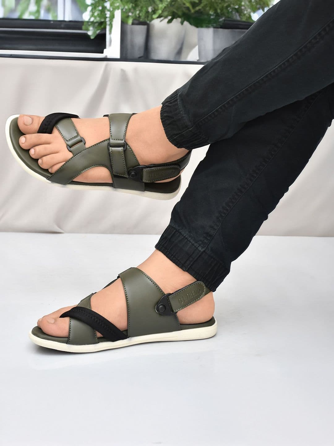 G L Trend Men Leather Comfort Olive Sandals with velcro closure thumbnail 4