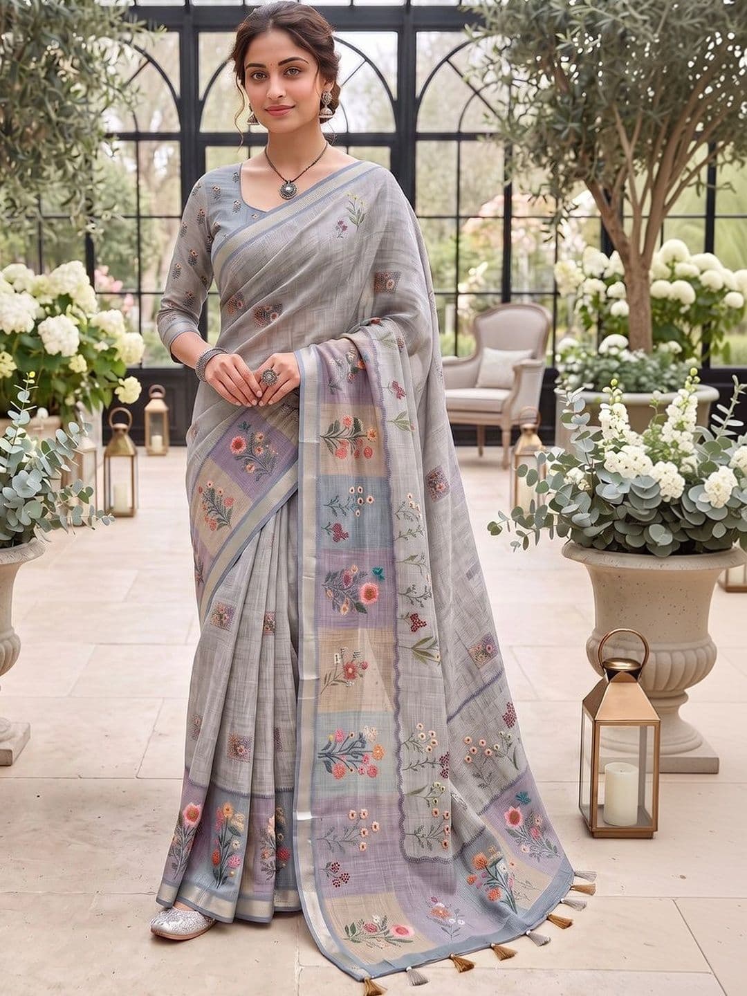 OLIVE SAGE Floral Linen Blend Tussar Saree - view 1
