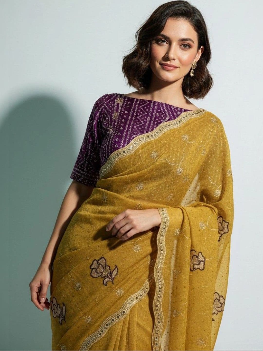 SmileyFashion Floral Poly Georgette Saree thumbnail 2
