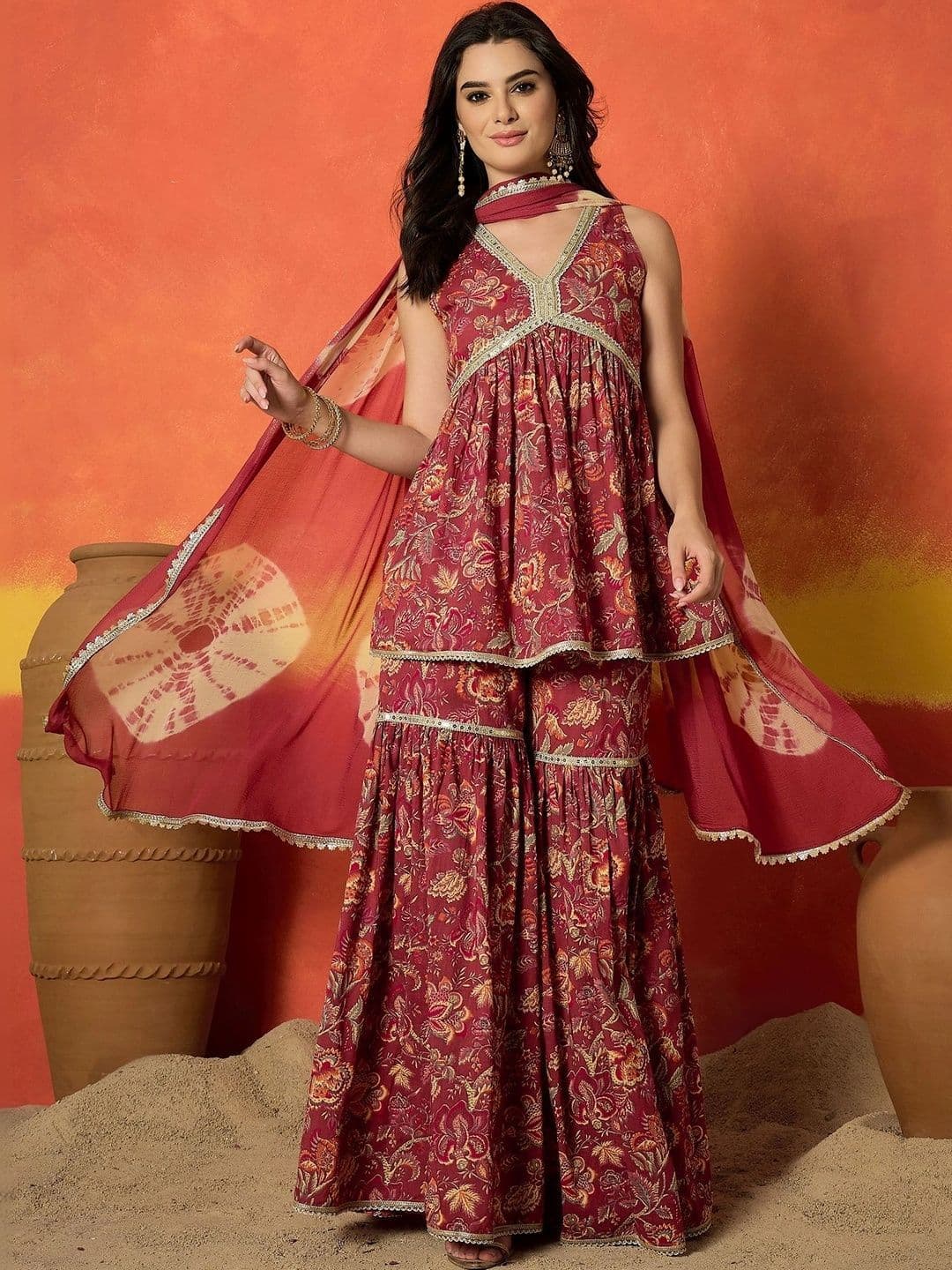 Stylum Women Floral Printed Tiered Sequinned Pure Cotton Kurta with Sharara & With Dupatta thumbnail 7