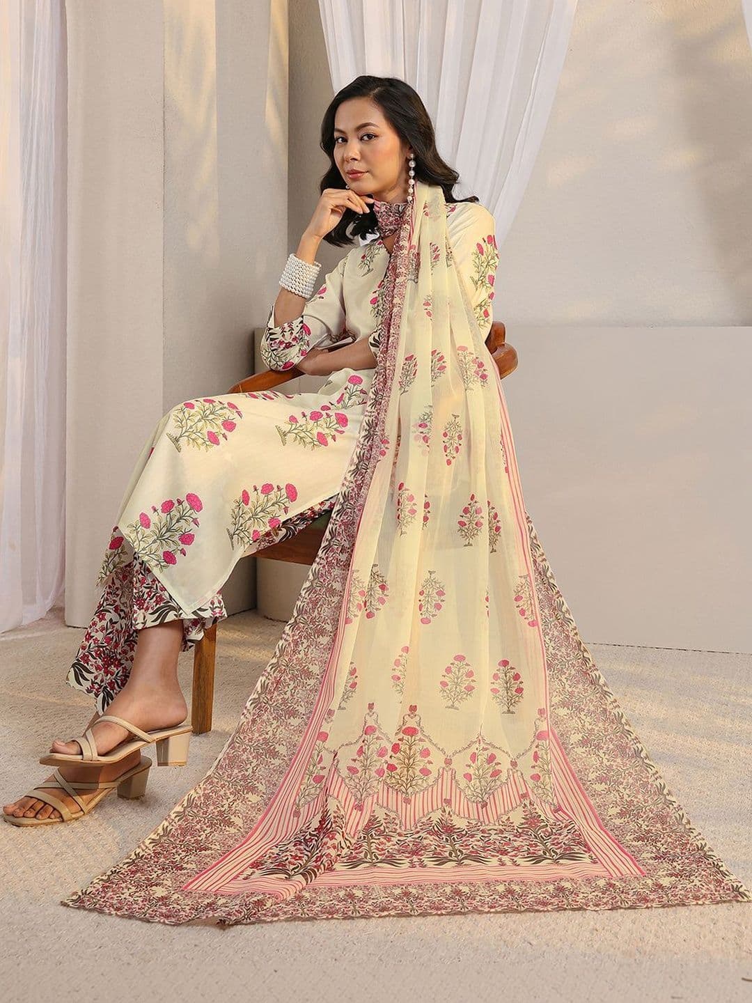 Libas Off White Floral Printed Chanderi Silk Straight Suit Set with Dupatta - view 1