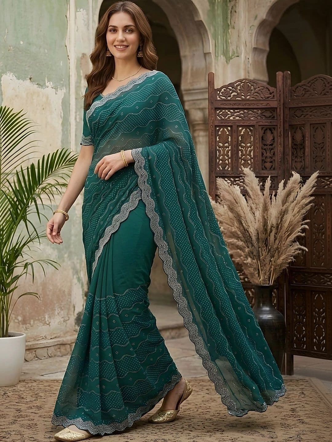 all about you Embellished Beads and Stones Silk Blend Fusion Saree - view 1