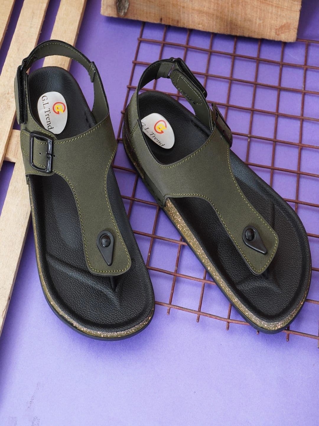 G L Trend Men Casual Iightweight Olive T Strap Velcro Sandals - view 1