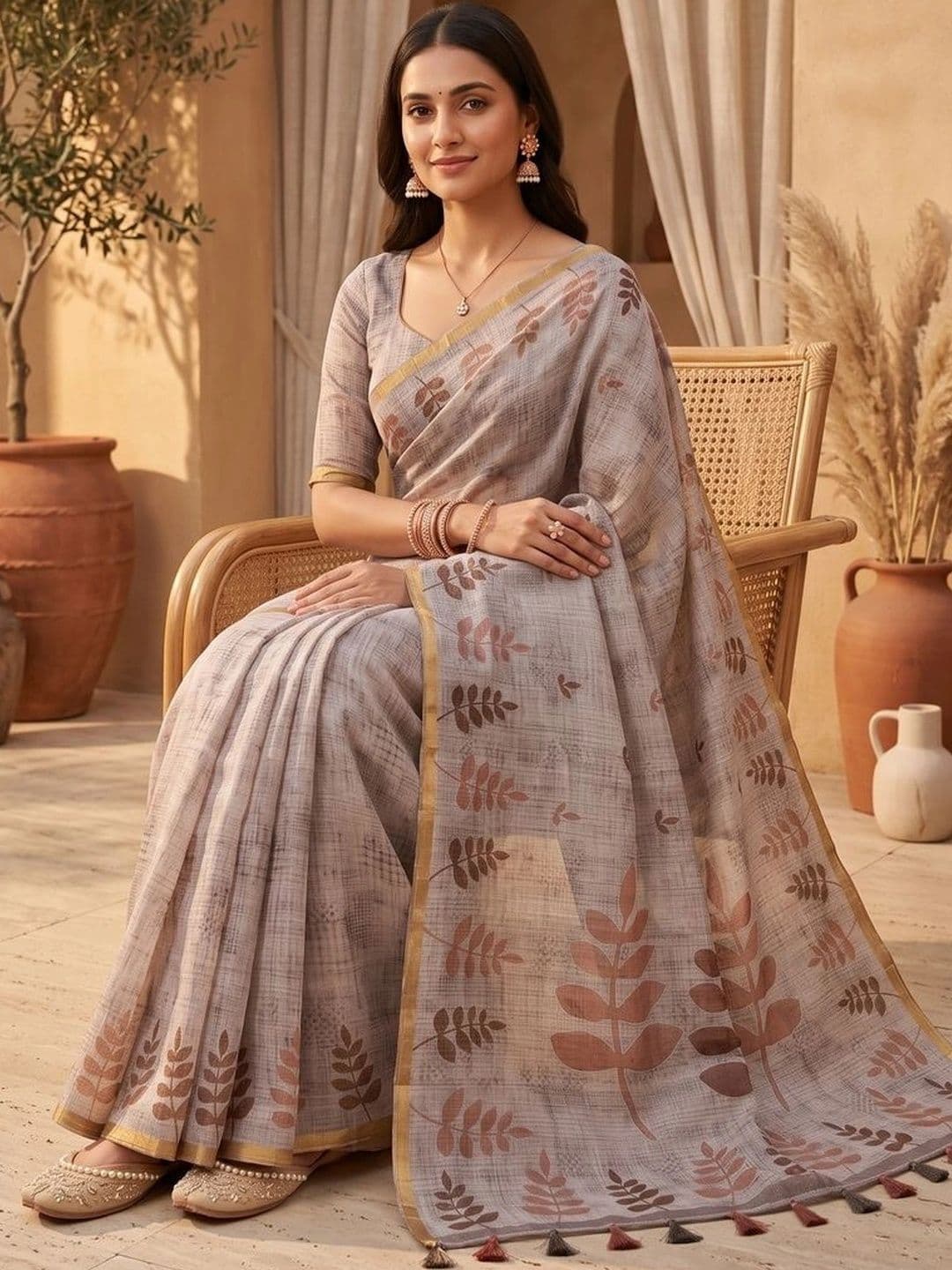 OLIVE SAGE Floral Linen Blend Tussar Saree thumbnail 5