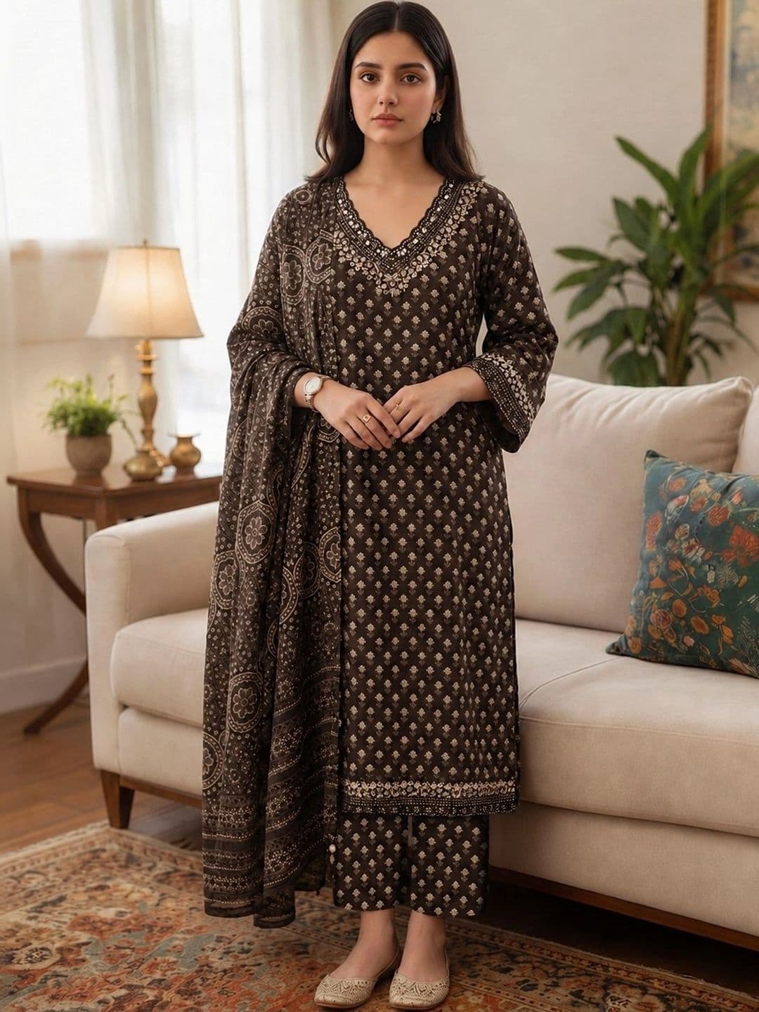 Aaghnya Women Ethnic Motifs Printed Regular Kurta with Trousers & With Dupatta thumbnail 4