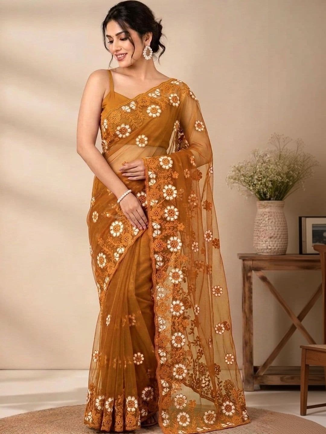akhodalkrp Floral Embroidered Net Saree - view 1