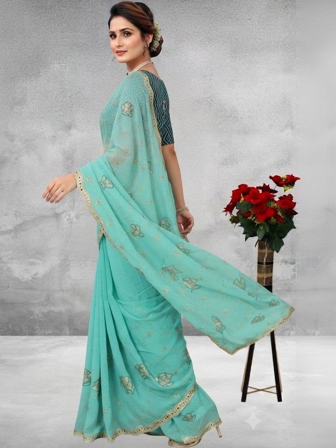 SmileyFashion Floral Poly Georgette Saree thumbnail 3