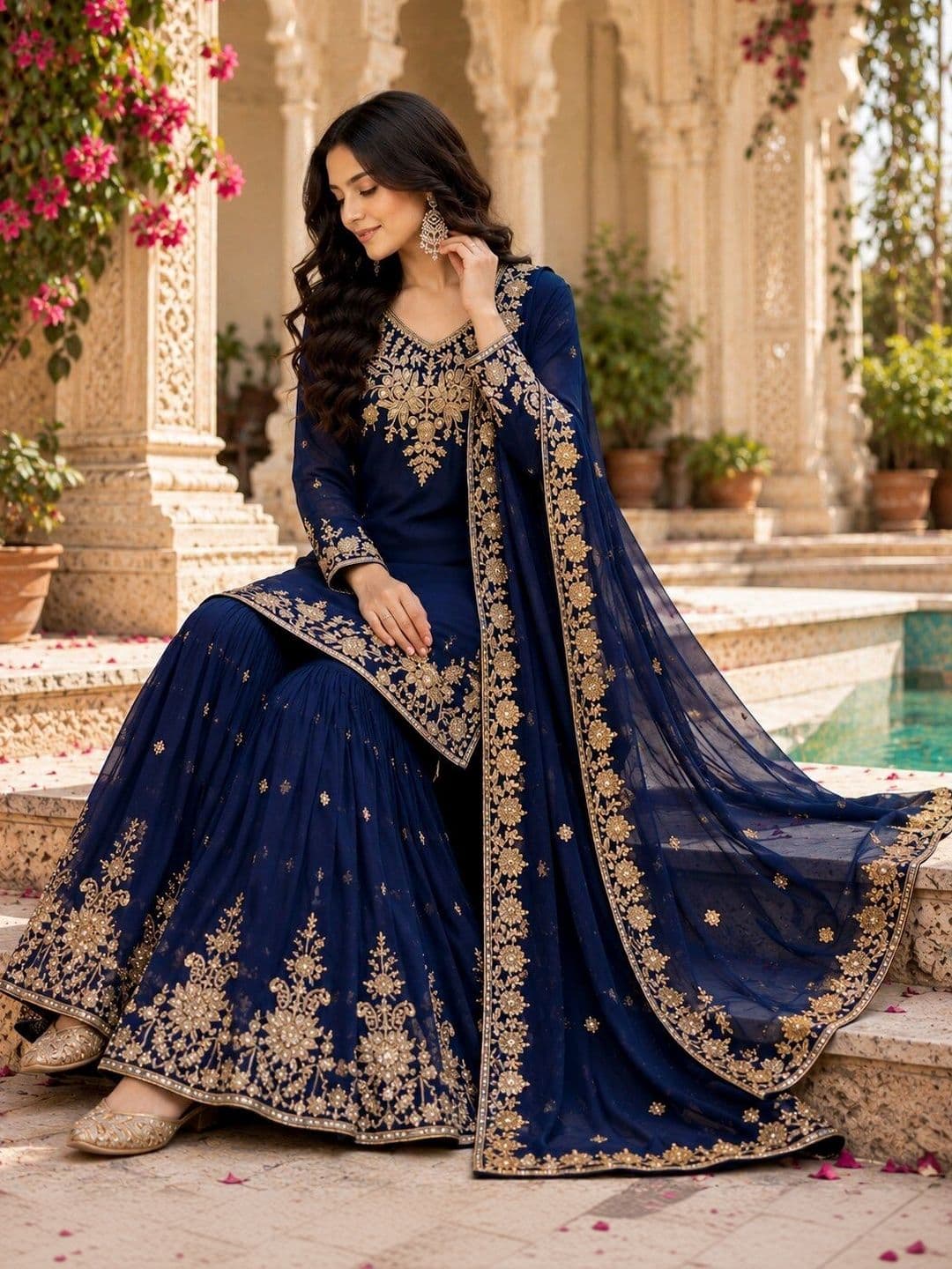 KALINI Women Ethnic Motifs Embroidered Regular Kurta with Sharara & With Dupatta thumbnail 4
