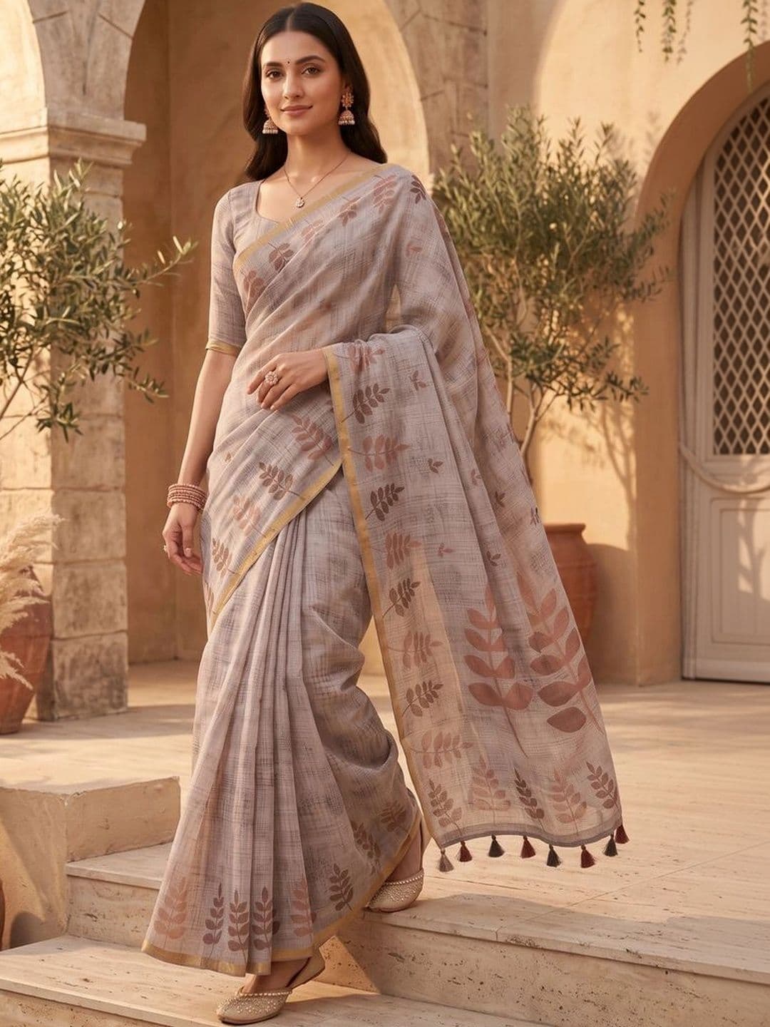 OLIVE SAGE Floral Linen Blend Tussar Saree thumbnail 3