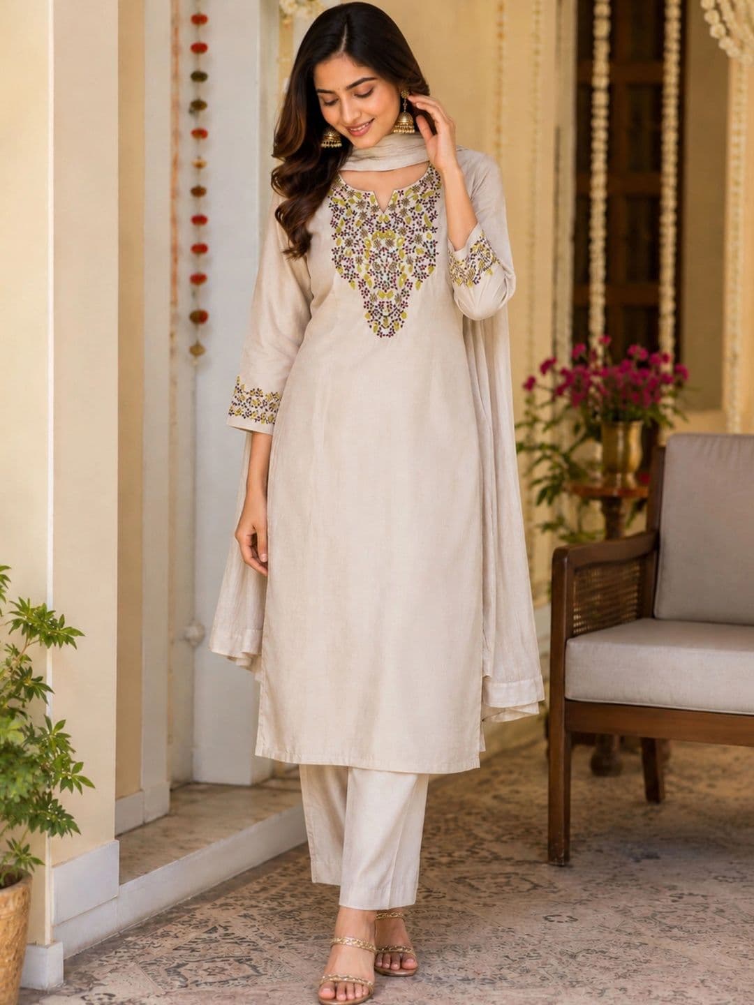 SZN Women Ethnic Motifs Embroidered Regular Thread Work Kurta with Trousers & With Dupatta thumbnail 4