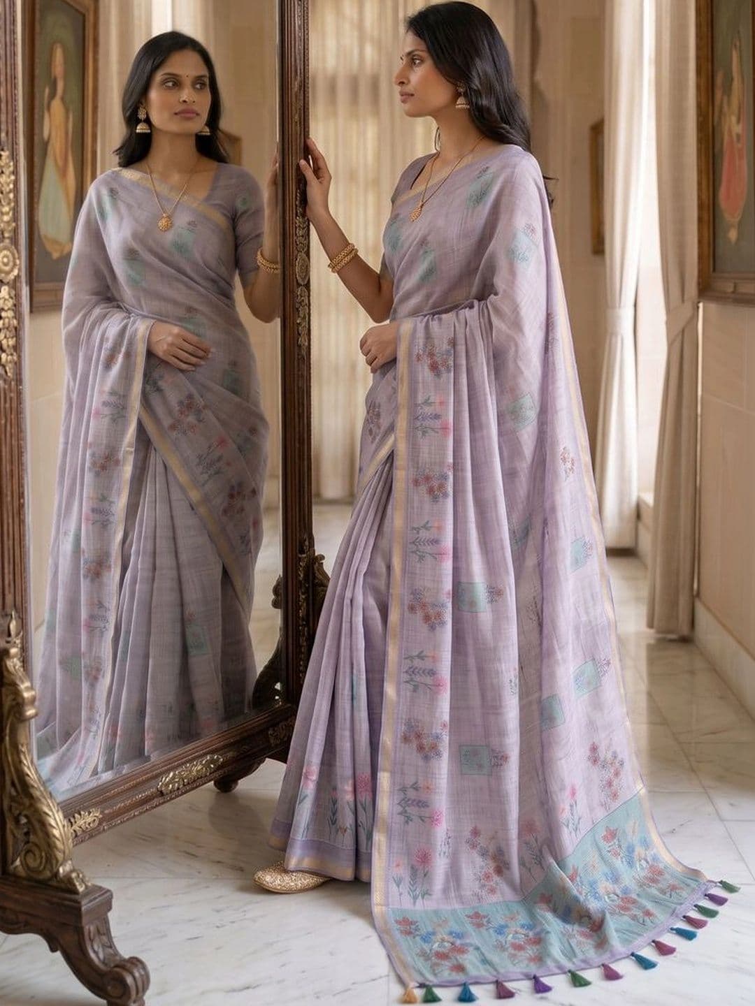 OLIVE SAGE Floral Linen Blend Tussar Saree thumbnail 7
