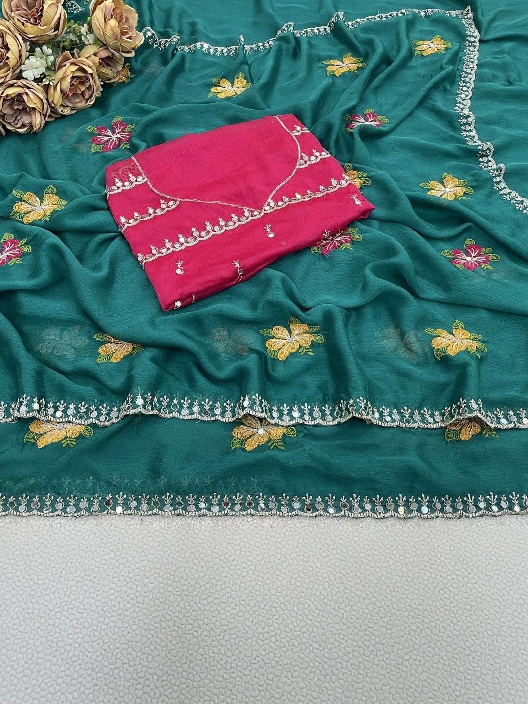SmileyFashion Floral Embroidered Poly Chiffon Designer Saree thumbnail 6