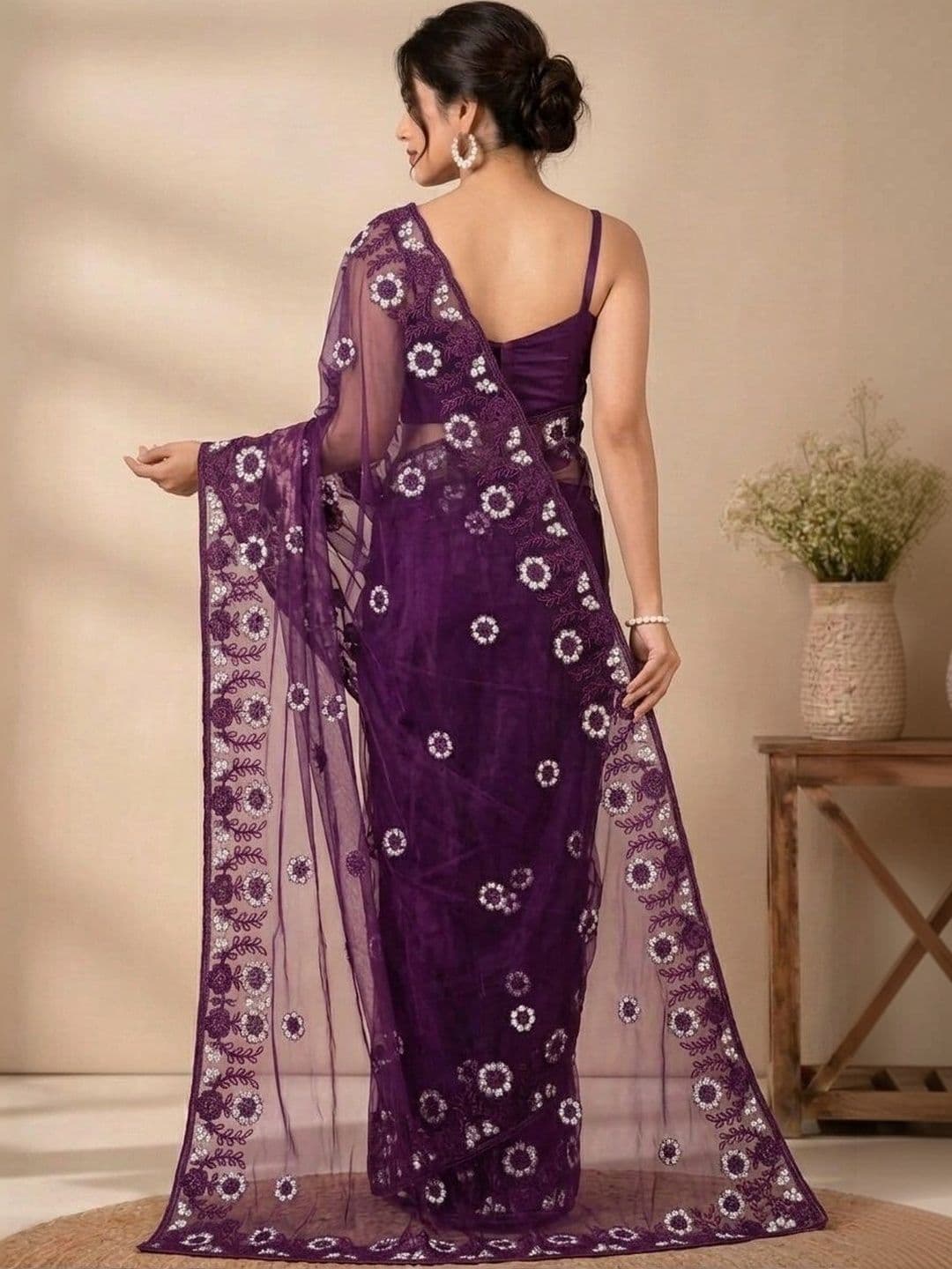 akhodalkrp Floral Embroidered Net Saree thumbnail 3