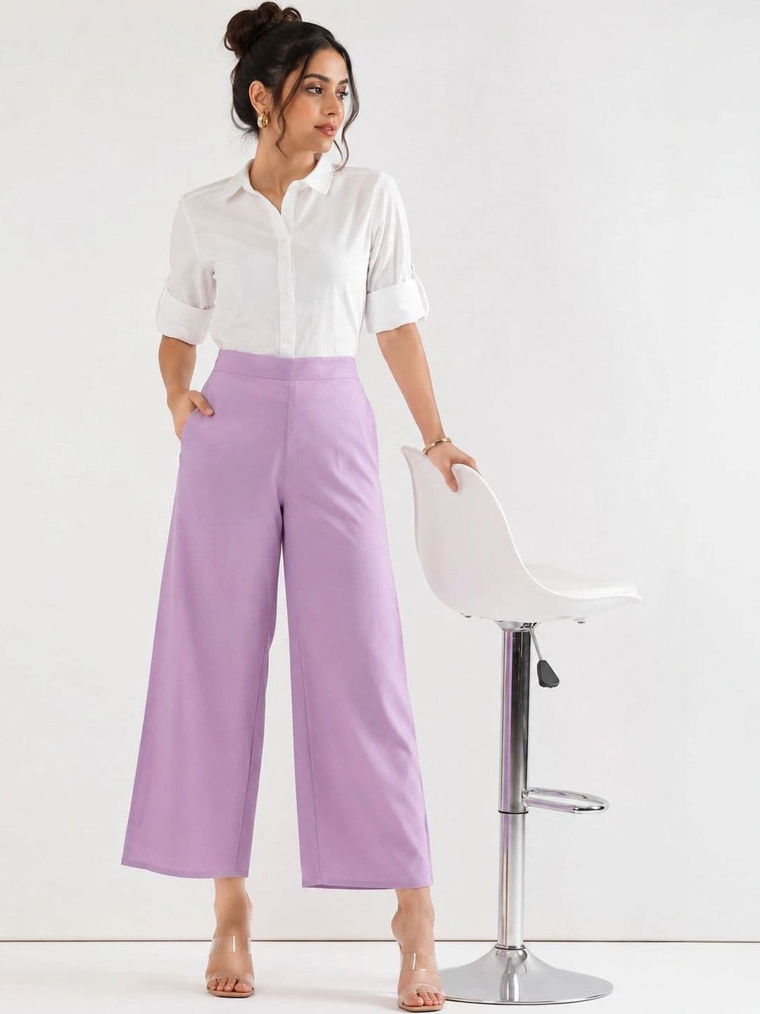 AMIRAS INDIAN ETHNIC WEAR Women Lilac Mid-Rise Cotton Comfort Straight Fit Pocket Trousers - view 1
