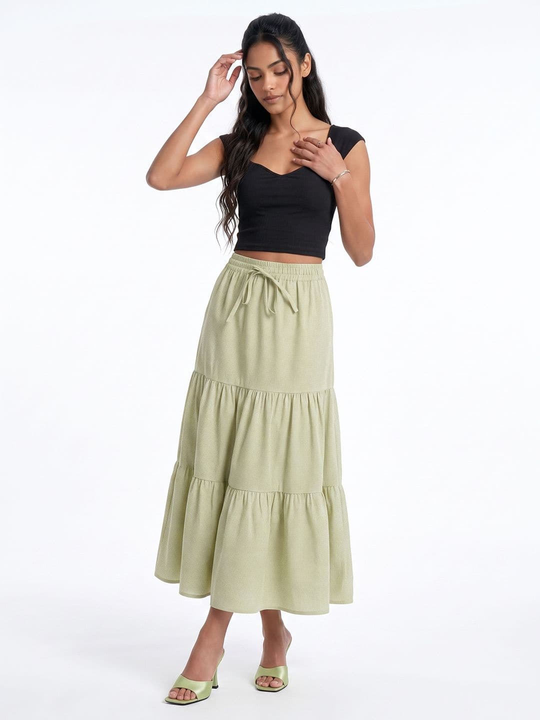 glitchez Women Textured Midi Tiered A-Line Skirt thumbnail 5