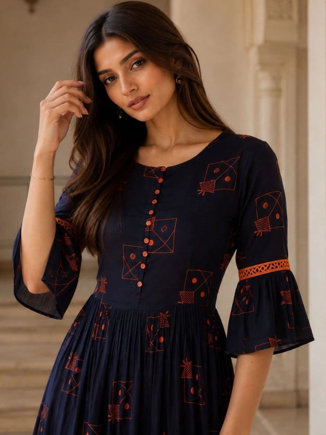 indo street Women Printed Round Neck A-Line Ethnic Dresses thumbnail 2