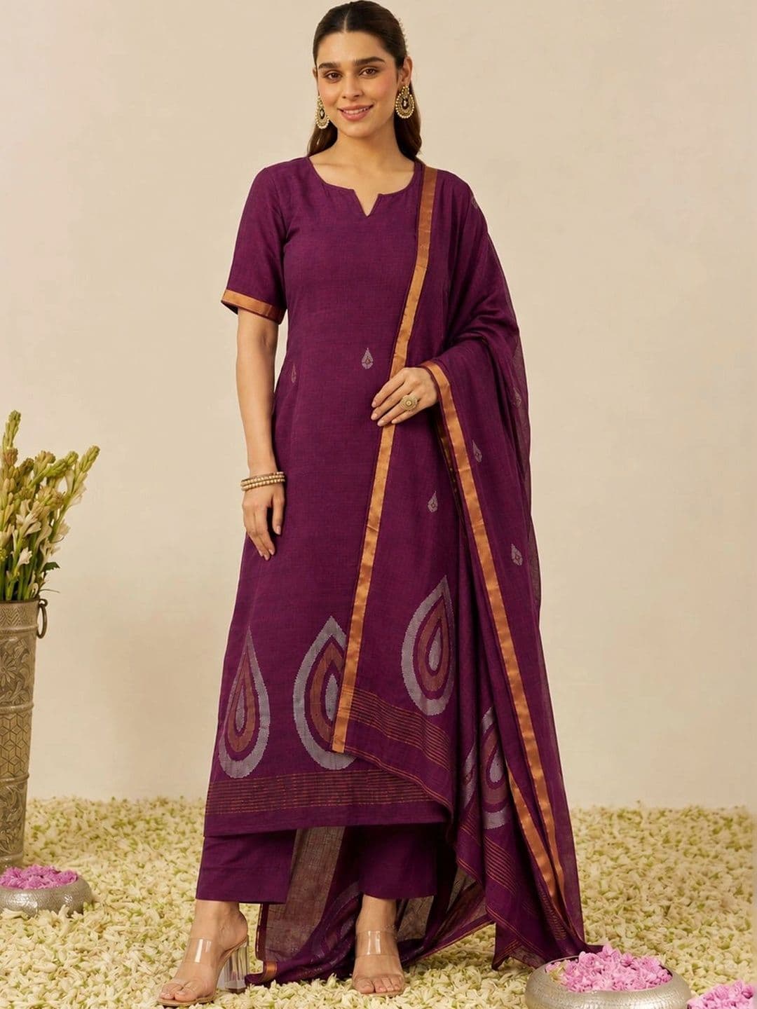 Sangria Women Ethnic Motifs Printed Regular Kurta with Trousers & With Dupatta thumbnail 2