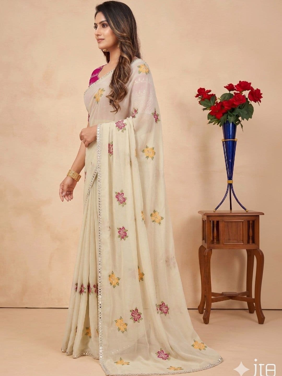 SmileyFashion Floral Mirror Work Poly Chiffon Designer Saree thumbnail 3