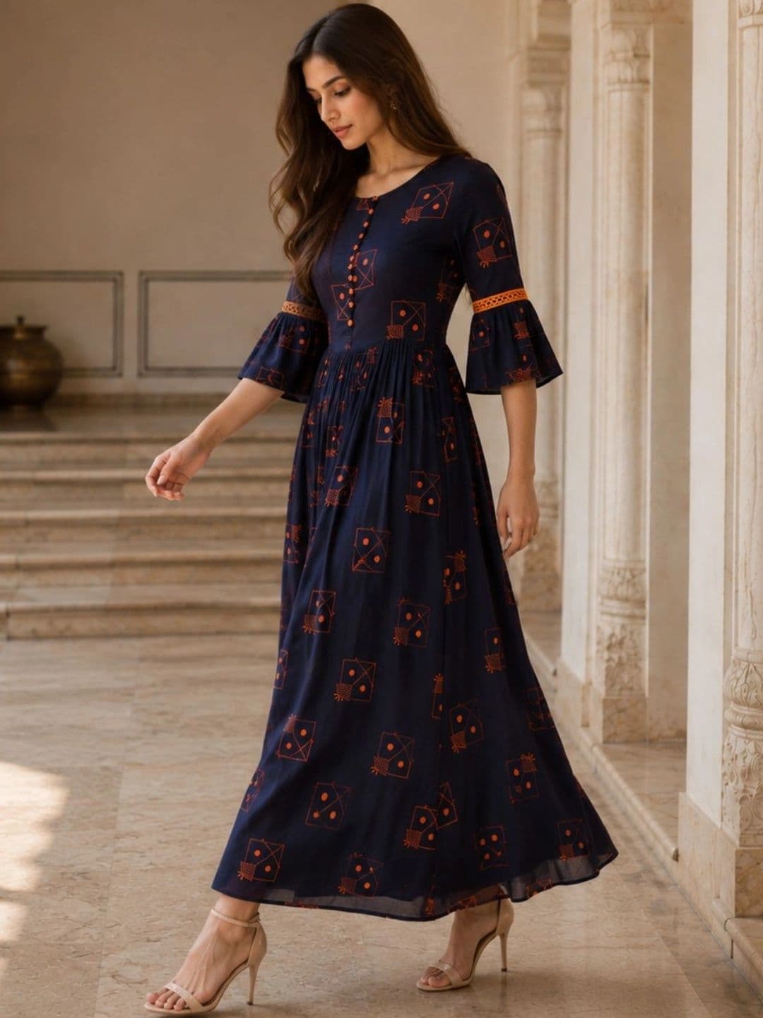 indo street Women Printed Round Neck A-Line Ethnic Dresses thumbnail 5