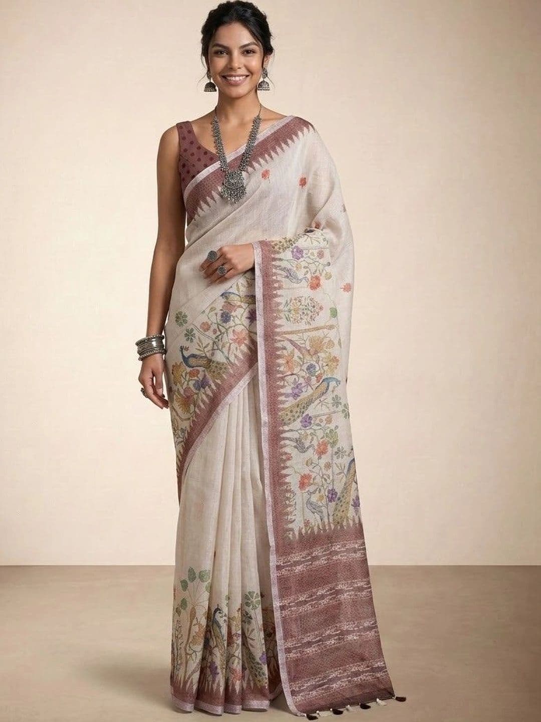 Anouk Floral Linen Blend Jamdani Saree - view 1