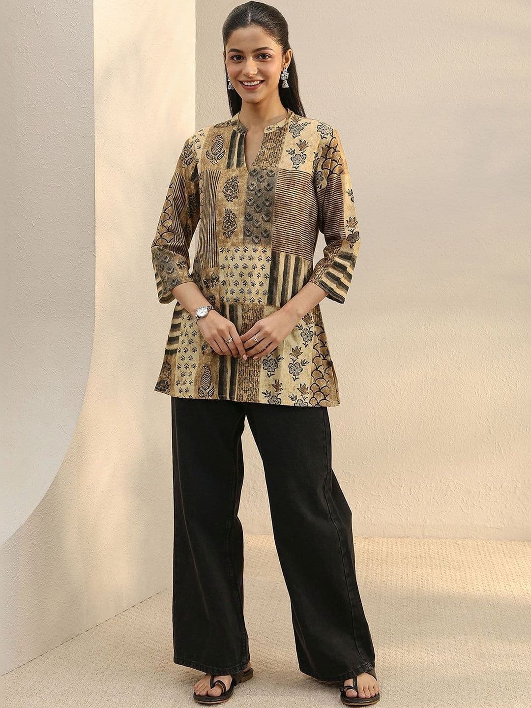 Libas Beige Floral Printed Straight Short Kurti thumbnail 5