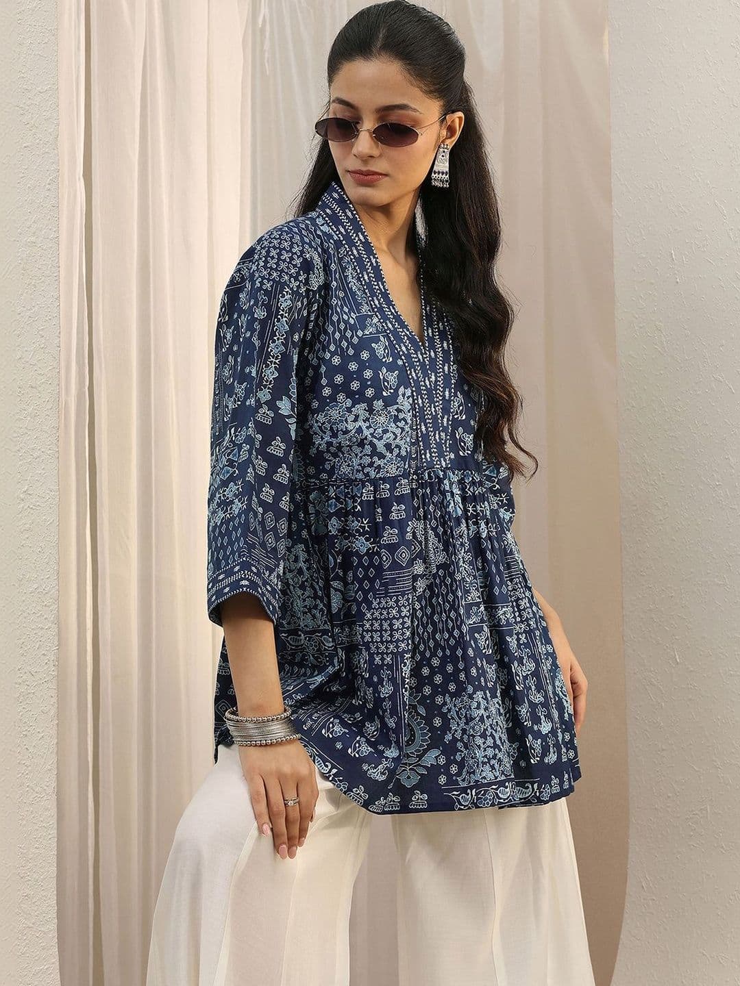 Libas Blue Ethnic Printed Cotton A-Line Short Kurti - view 1