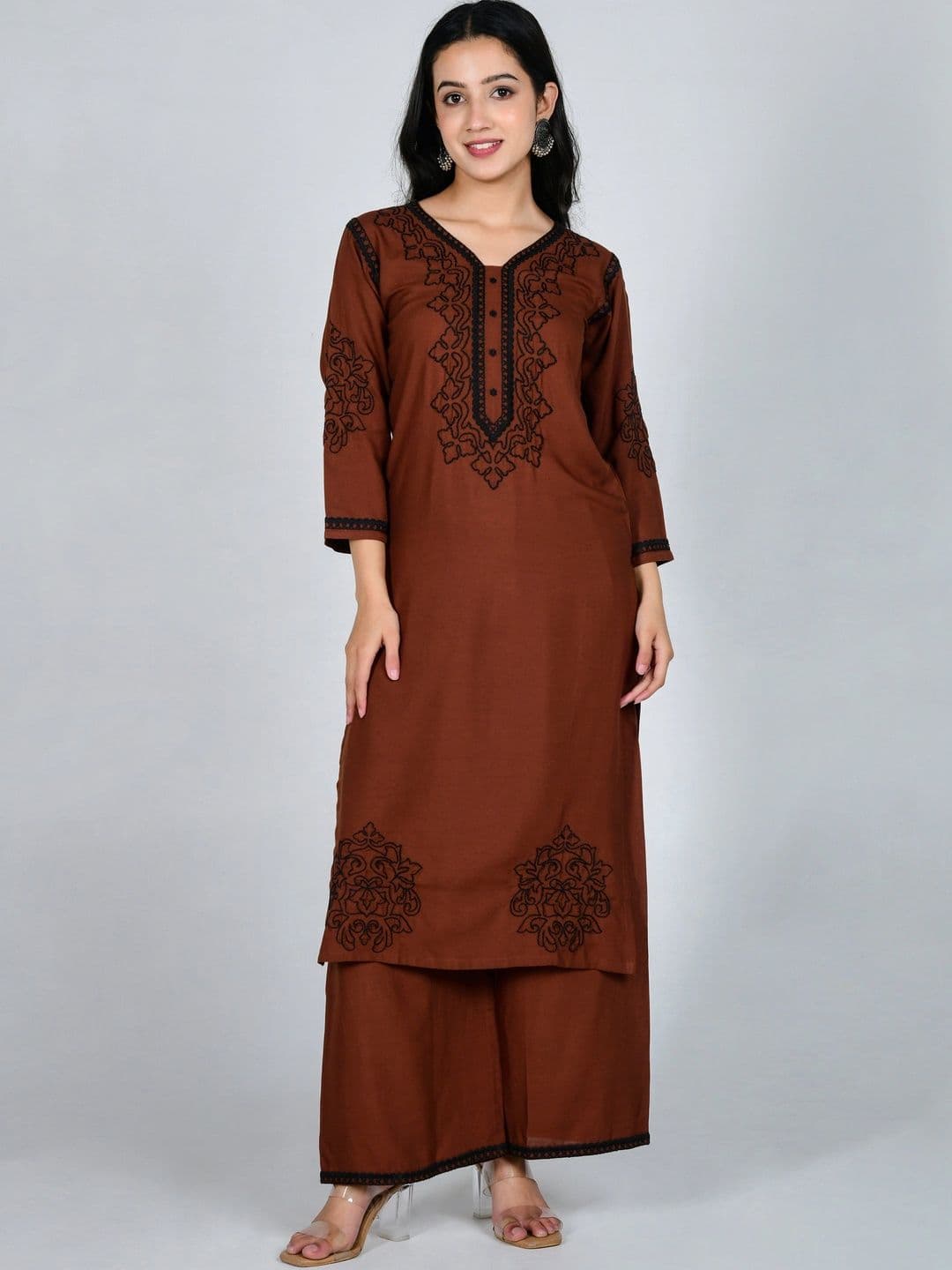 YOJINI Women Ethnic Motifs Embroidered Regular Thread Work Kurta with Palazzos thumbnail 2