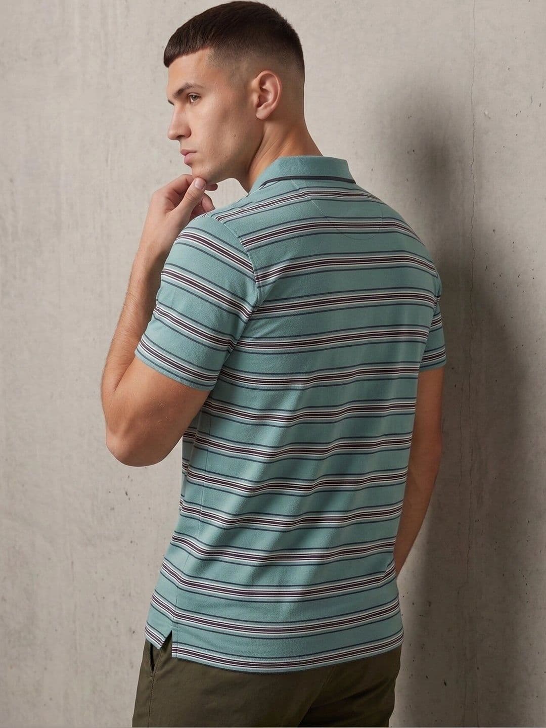 MALER Men Striped Polo Collar Pockets T-shirt thumbnail 4