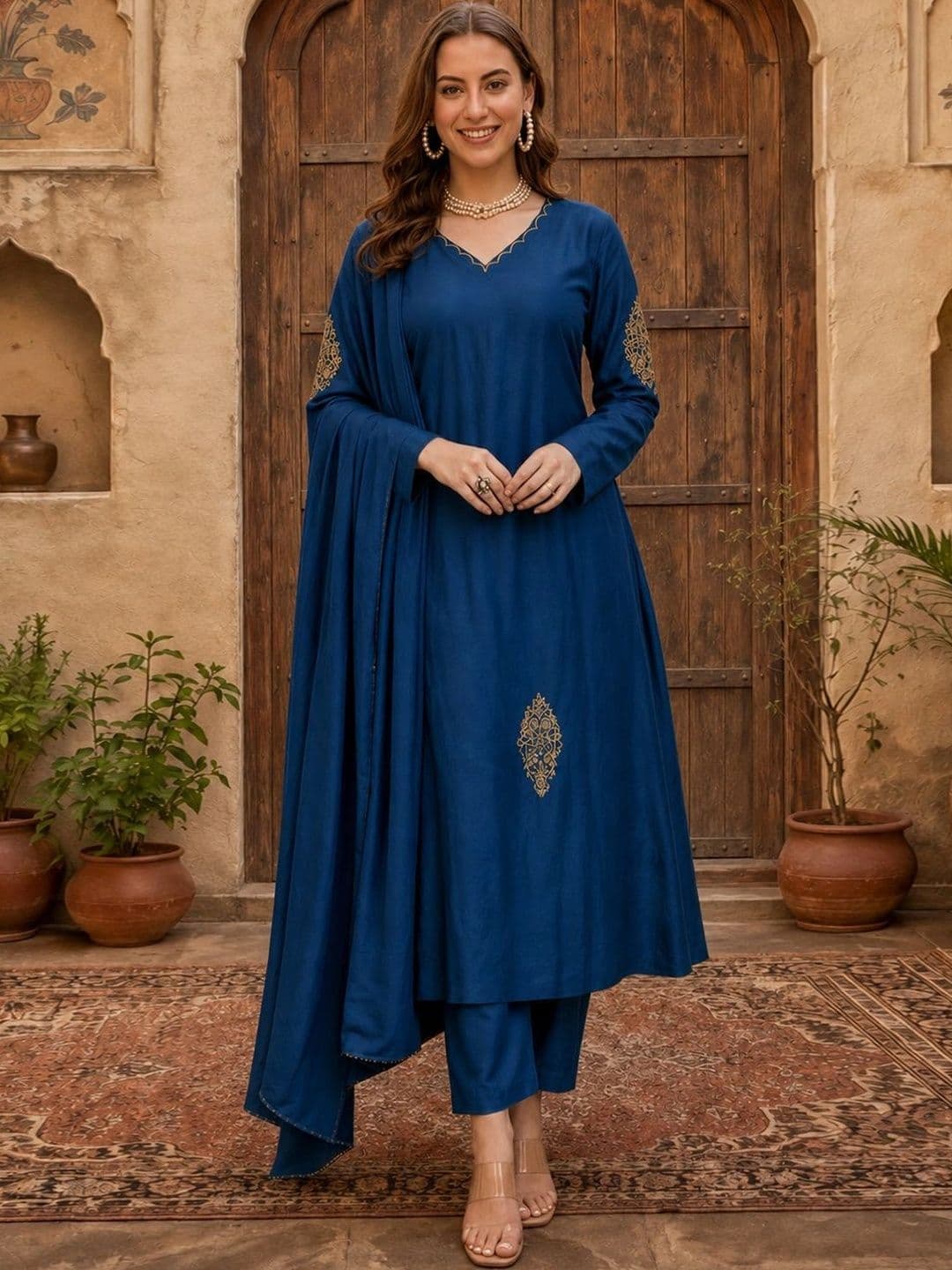 Sangria Women Ethnic Motifs Embroidered Kurta with Trousers & With Dupatta thumbnail 2