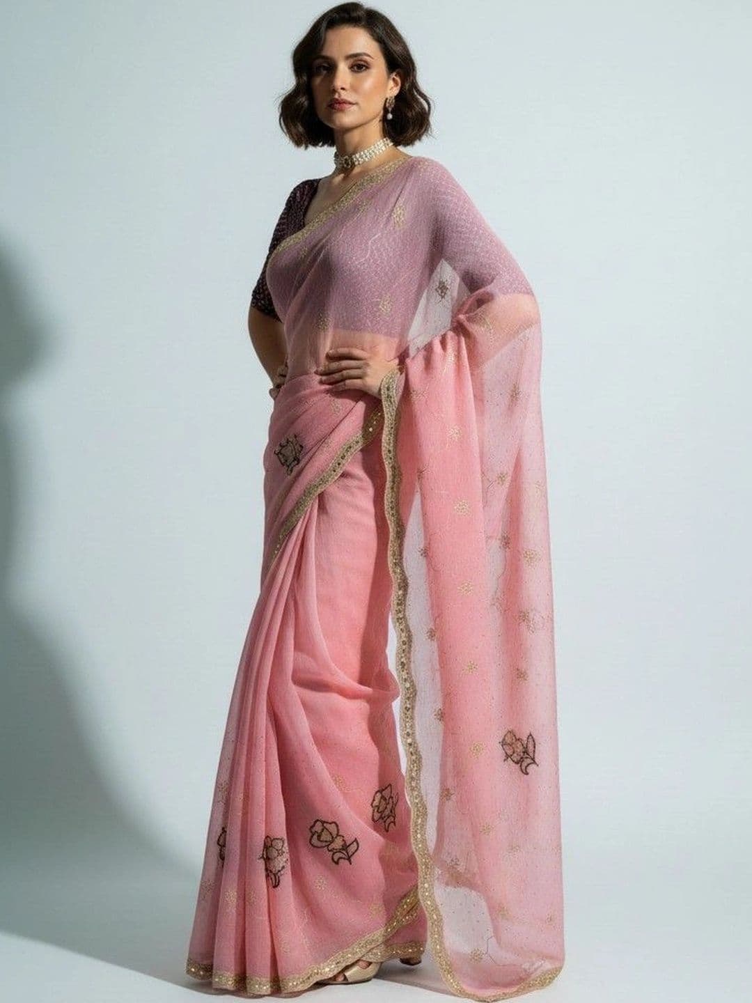 SmileyFashion Floral Poly Georgette Saree thumbnail 2