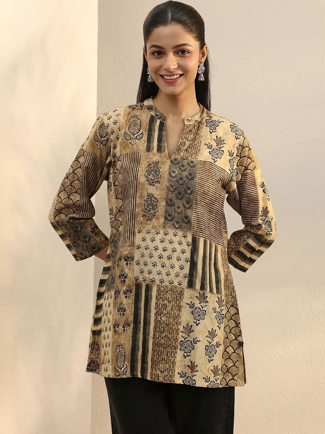 Libas Beige Floral Printed Straight Short Kurti thumbnail 7