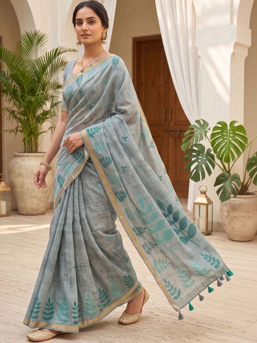 OLIVE SAGE Linen Blend Tussar Saree thumbnail 5