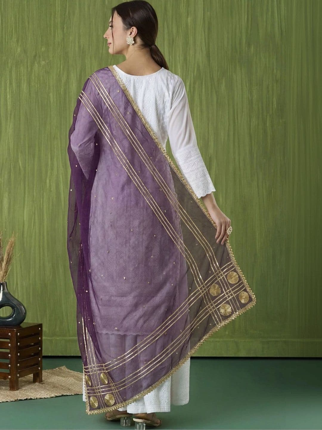 KALINI Ethnic Motifs Embroidered Organza Dupatta with Zari thumbnail 2