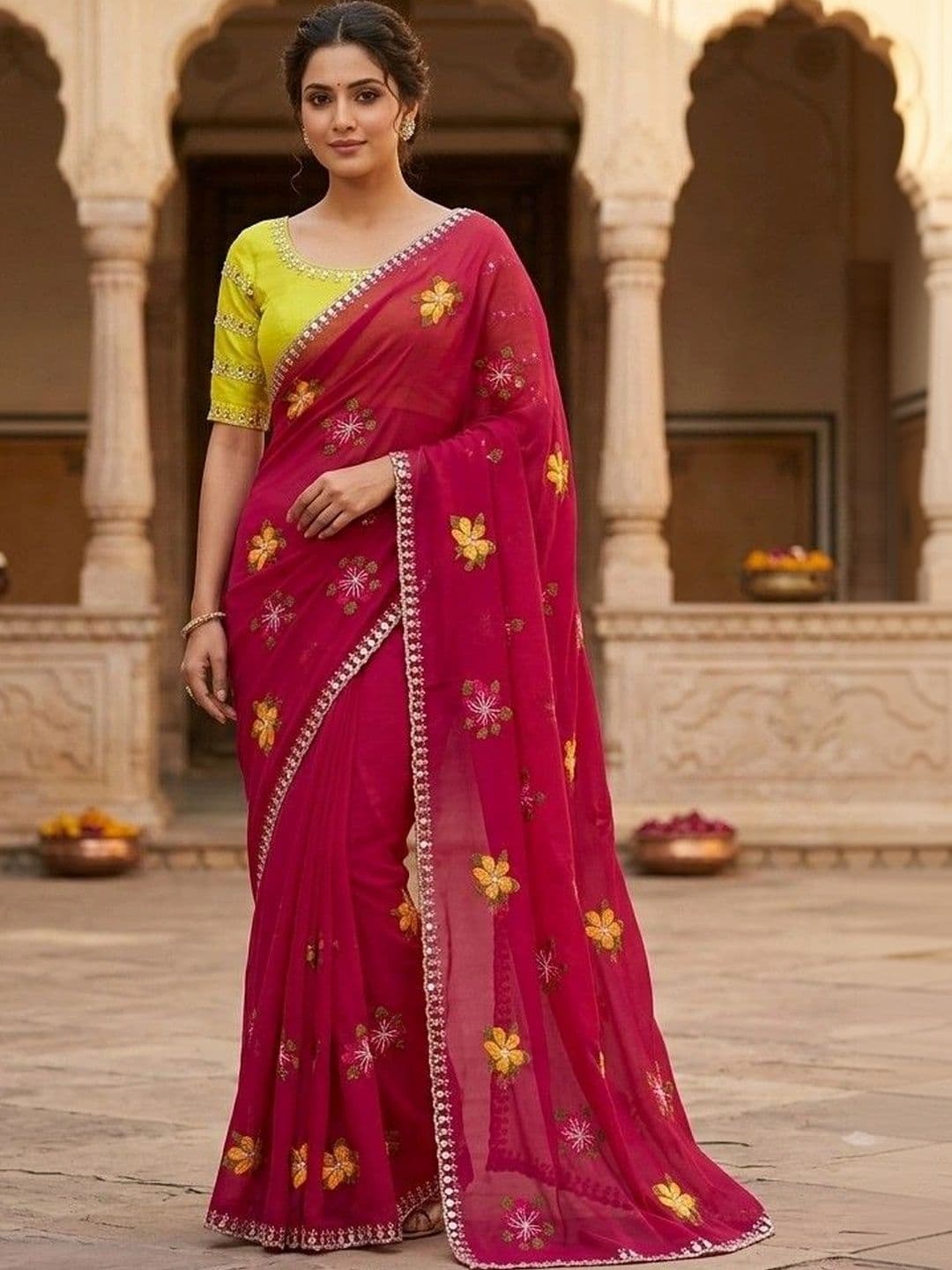 SmileyFashion Floral Mirror Work Poly Chiffon Designer Saree - view 1