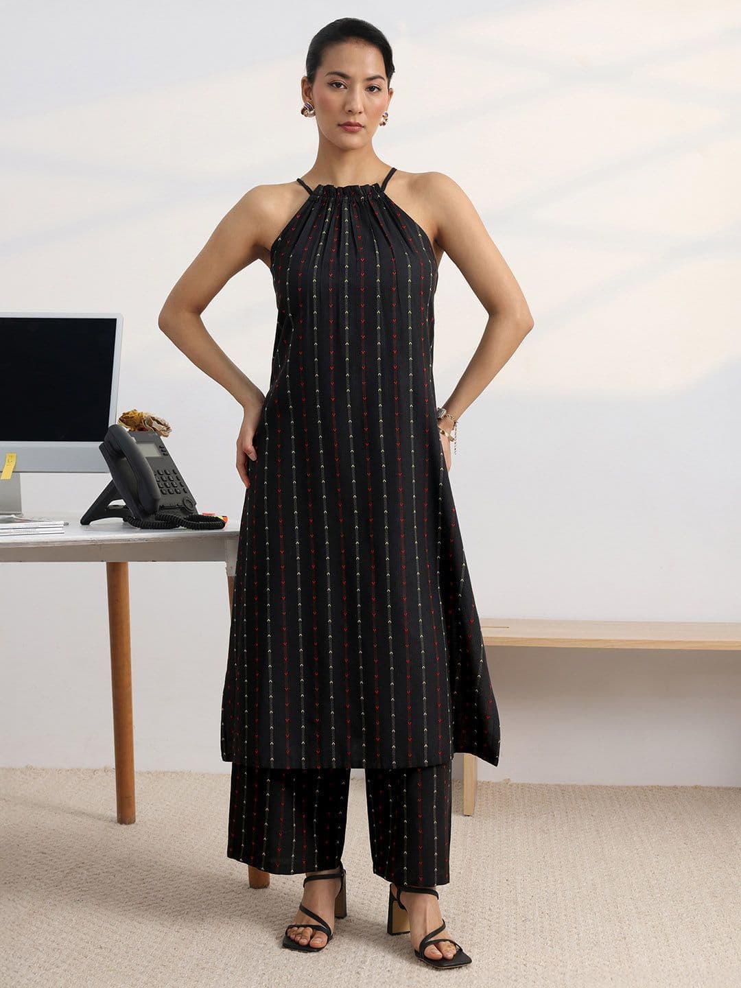 Gerua By Libas Libas Black Woven Design Halter-Neck Straight Kurta Set thumbnail 4