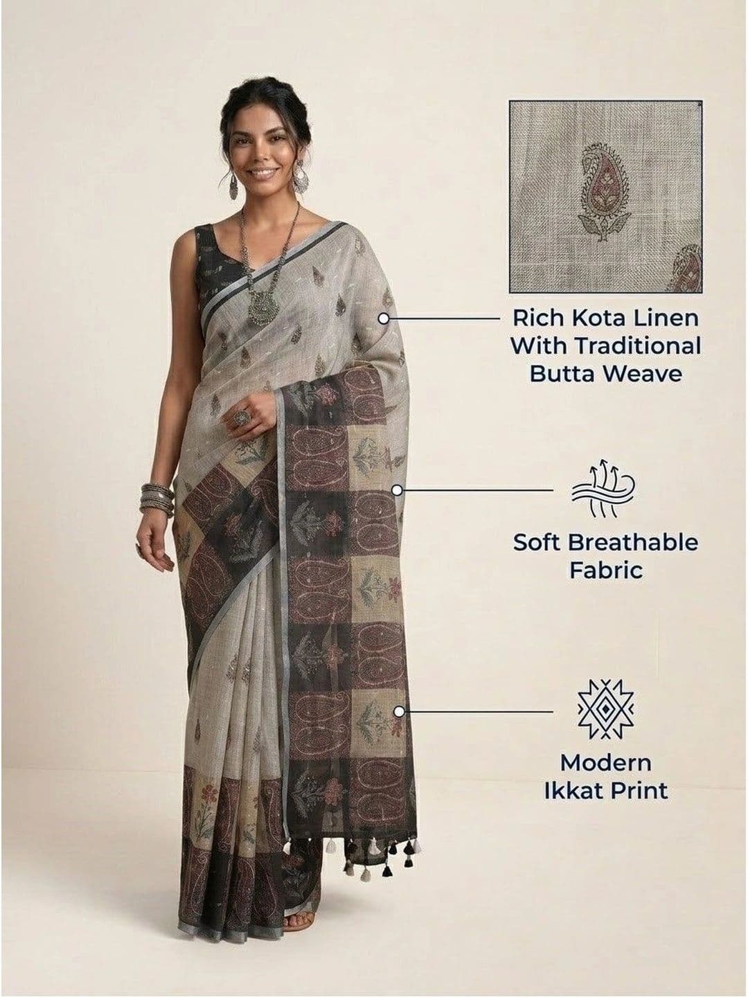 Anouk Paisley Linen Blend Ikat Saree thumbnail 5