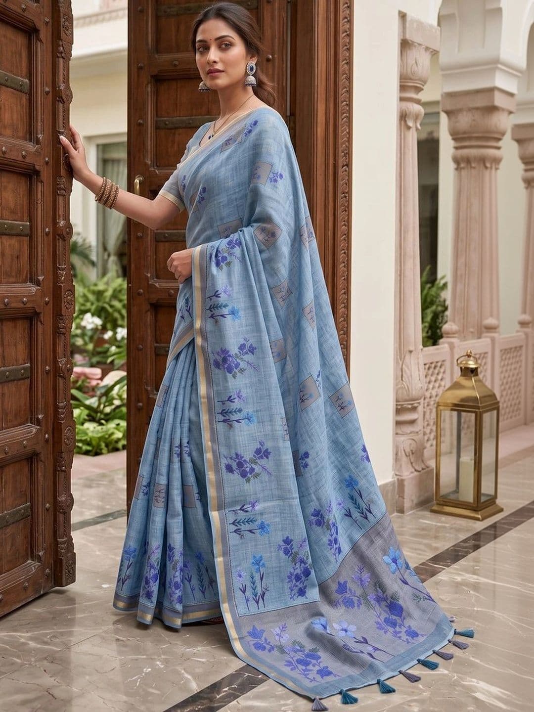 OLIVE SAGE Floral Linen Blend Tussar Saree thumbnail 2