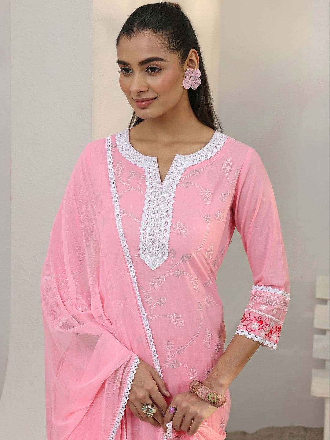 Libas Pink Floral Embroidered Cotton Straight Suit Set With Dupatta thumbnail 3