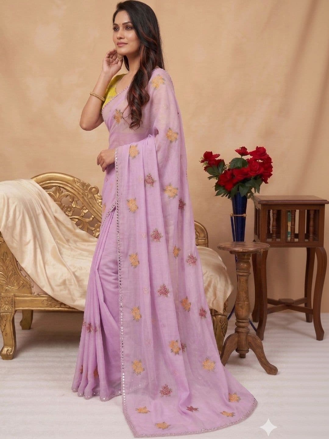 SmileyFashion Floral Mirror Work Poly Chiffon Designer Saree thumbnail 7