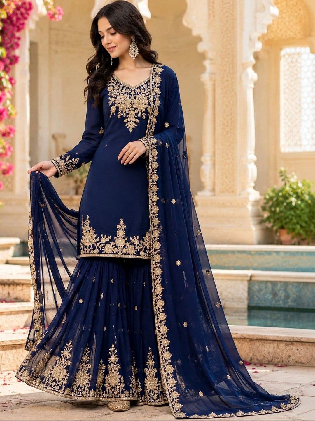 KALINI Women Ethnic Motifs Embroidered Regular Kurta with Sharara & With Dupatta thumbnail 6