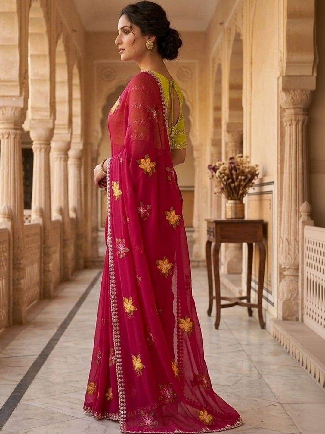 SmileyFashion Floral Mirror Work Poly Chiffon Designer Saree thumbnail 3