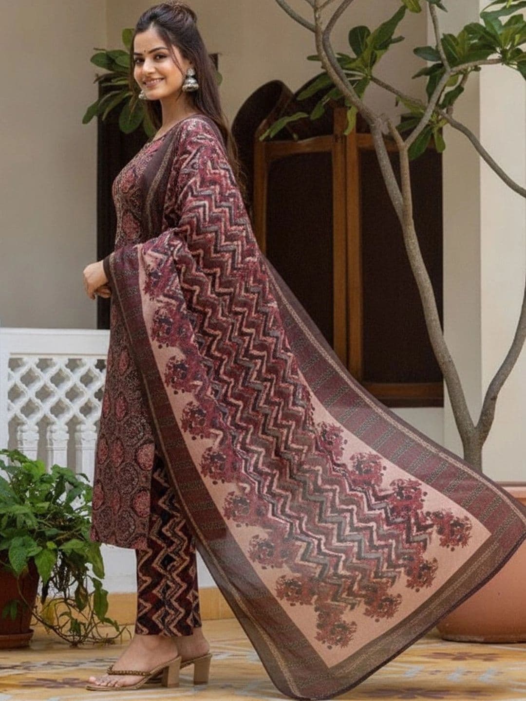 Panzora Women Ethnic Motifs Printed Regular Thread Work Kurta with Trousers & With Dupatta thumbnail 6