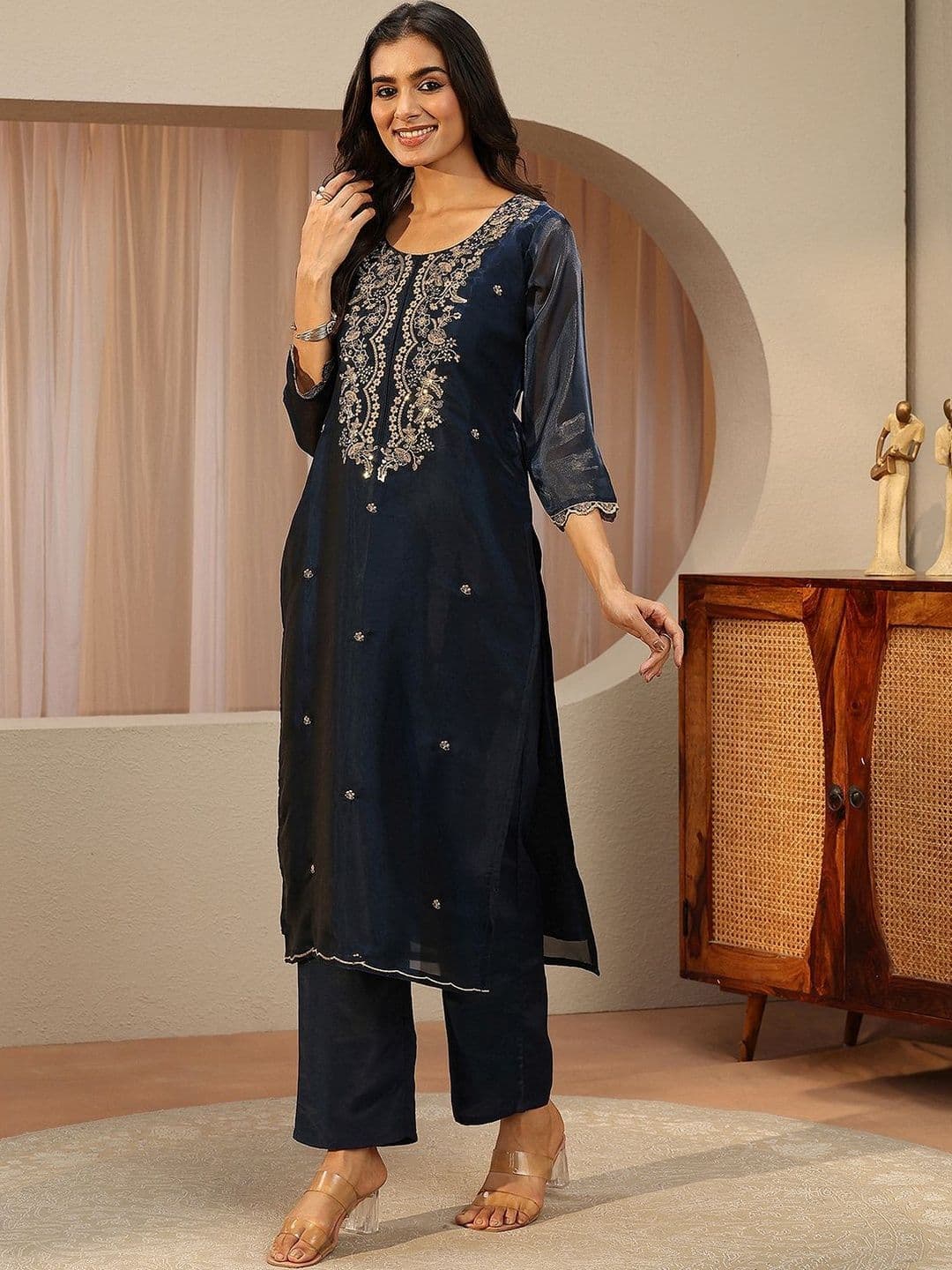 Libas Blue Floral Embroidered Tissue Straight Suit Set thumbnail 3