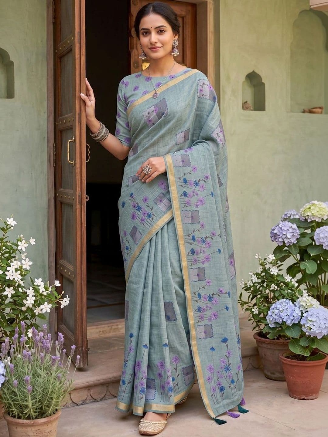 OLIVE SAGE Floral Linen Blend Tussar Saree - view 1