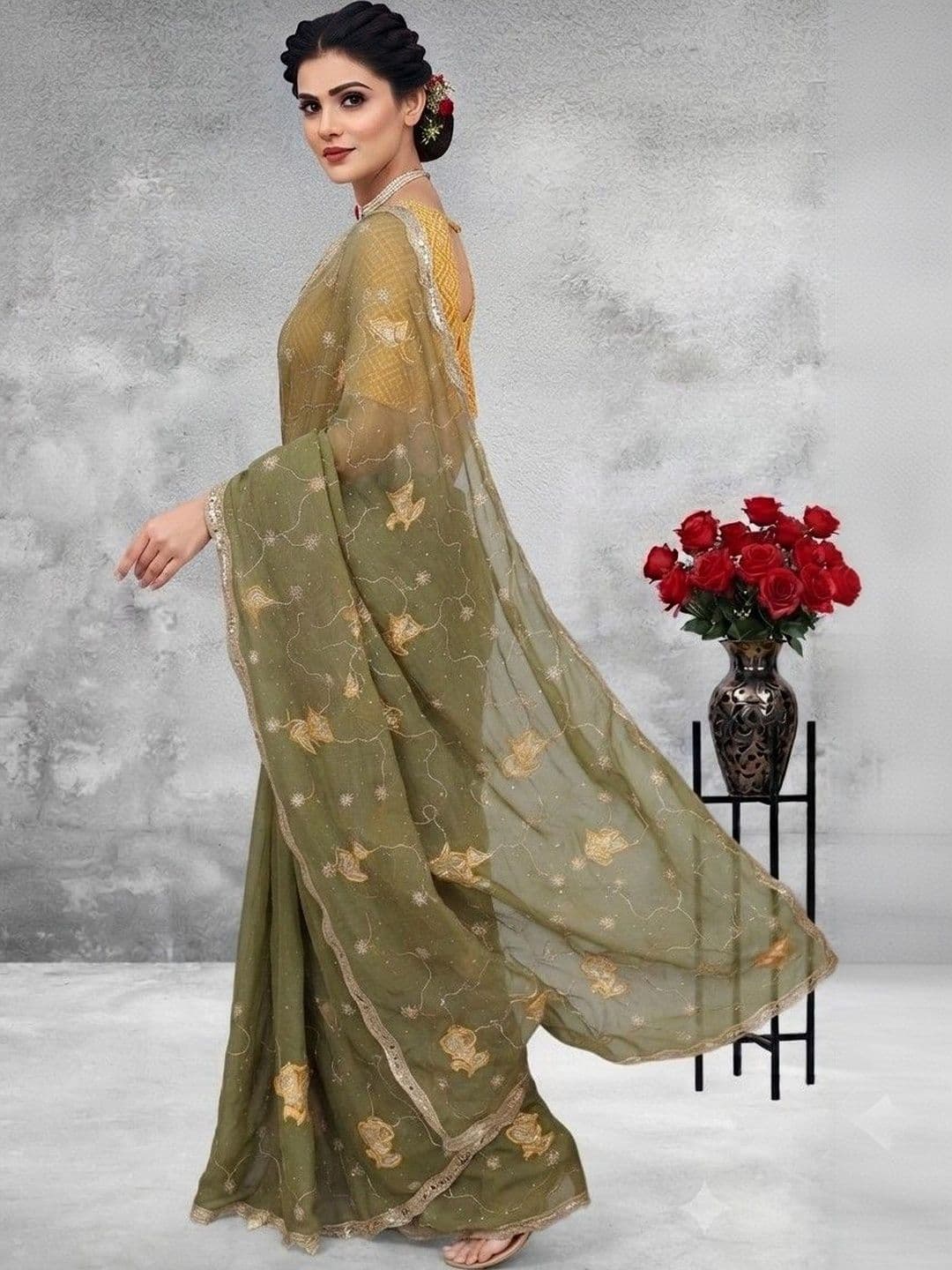 SmileyFashion Floral Poly Georgette Saree thumbnail 6