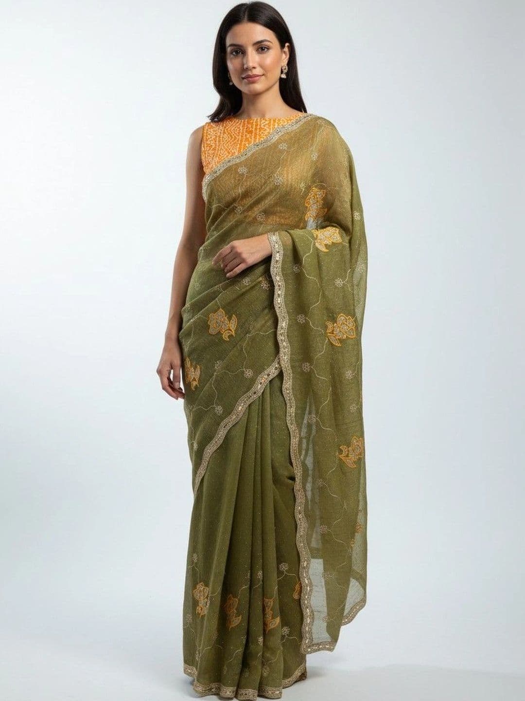 SmileyFashion Floral Embroidered Poly Georgette Saree - view 1