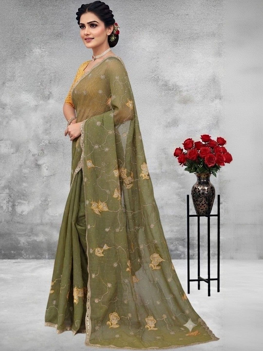 SmileyFashion Floral Poly Georgette Saree thumbnail 2